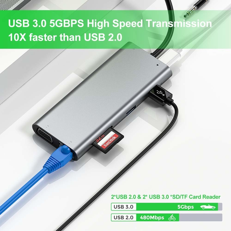 11 puertos 11 en 1 USB Tipo C Hub 10Gbps USB C Estación de acoplamiento Plug And Play Integración de software