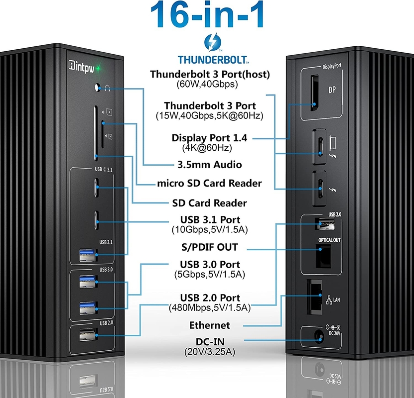 Thunderbolt 3 Adaptador Hub Mac Estación de acoplamiento USB C 10Gbps Puerto de conexión estéreo