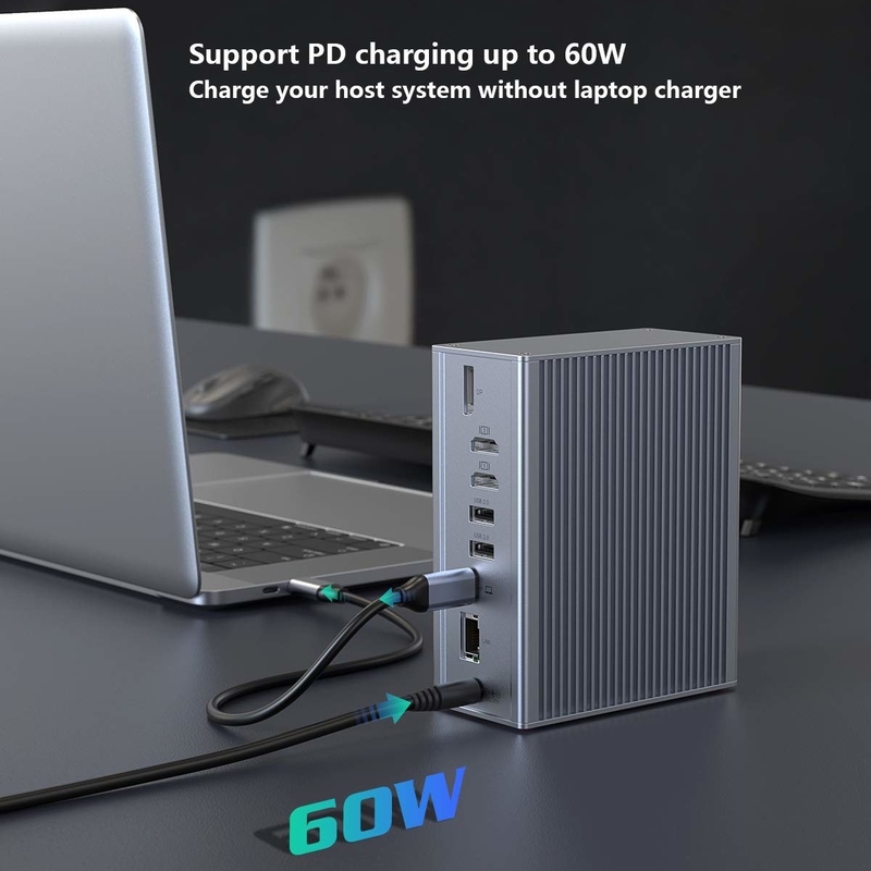 Estación de acoplamiento 16 en 1 para portátil adaptador usb c gris 10Gbps velocidad de transferencia de datos puerto de visualización