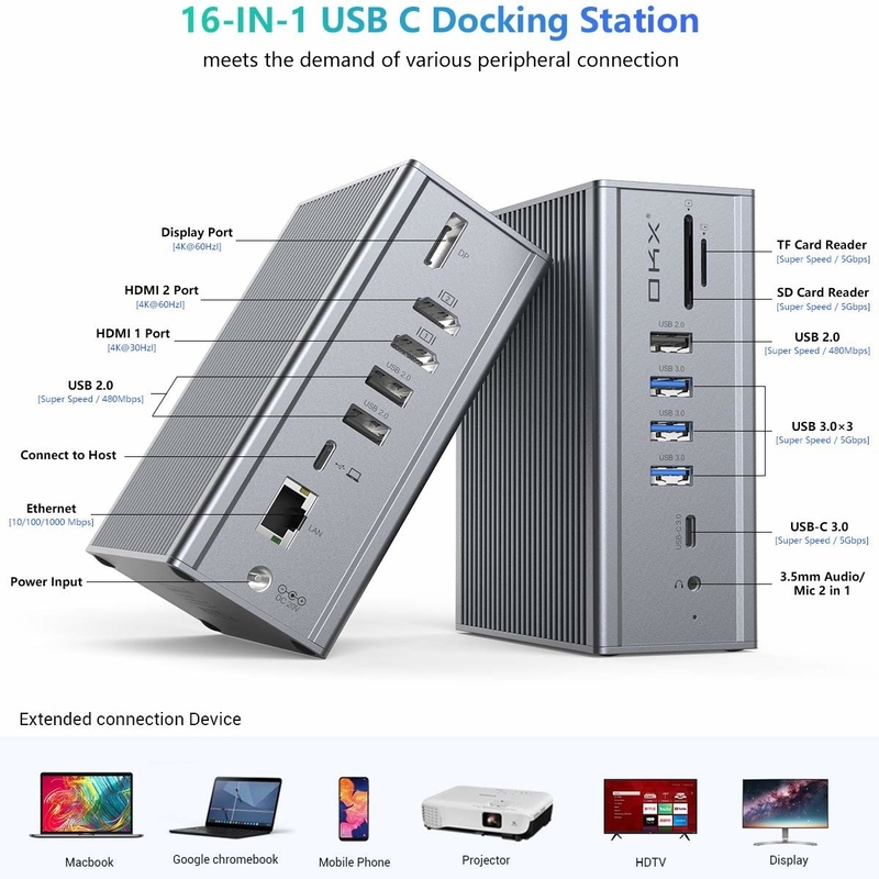 Estación de acoplamiento 16 en 1 para portátil adaptador usb c gris 10Gbps velocidad de transferencia de datos puerto de visualización