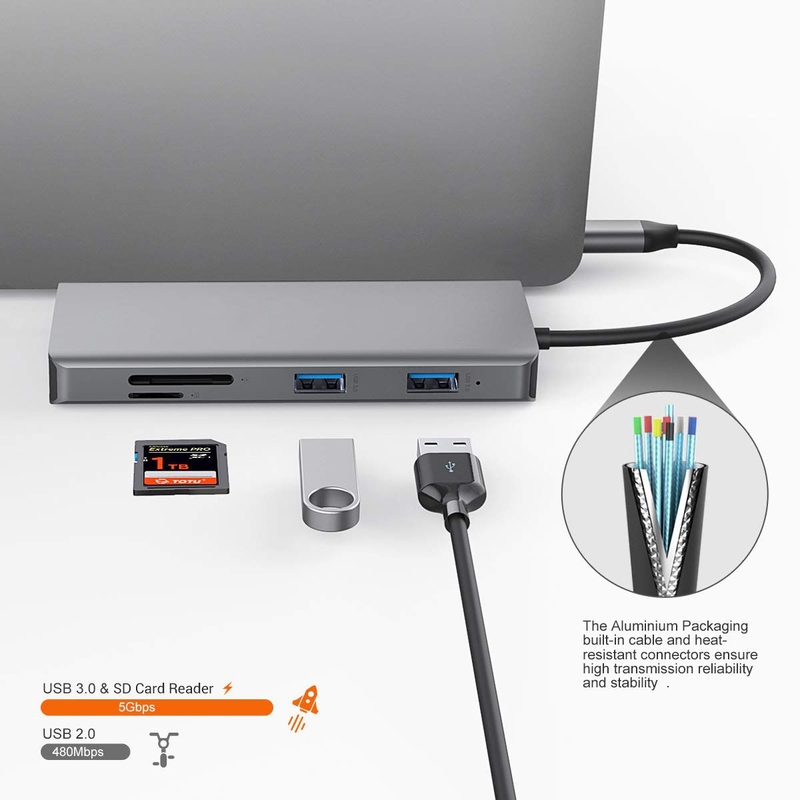 11 en 1 de aluminio Plata USB C Hub con 3.5mm Audio Jack lector de tarjetas SD para Mac portátil