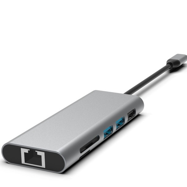 Hub USB-C 10 en 1 de plata con conector HDMI USB 3.0 Ethernet 3.5mm para PC y portátil