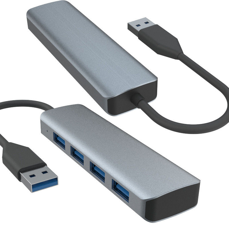 4 puertos USB A Hub con fuente de alimentación elegante negro gris Adaptador de núcleo de aluminio para computadoras