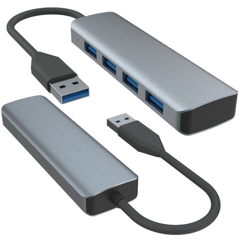 4 puertos USB A Hub con fuente de alimentación elegante negro gris Adaptador de núcleo de aluminio para computadoras