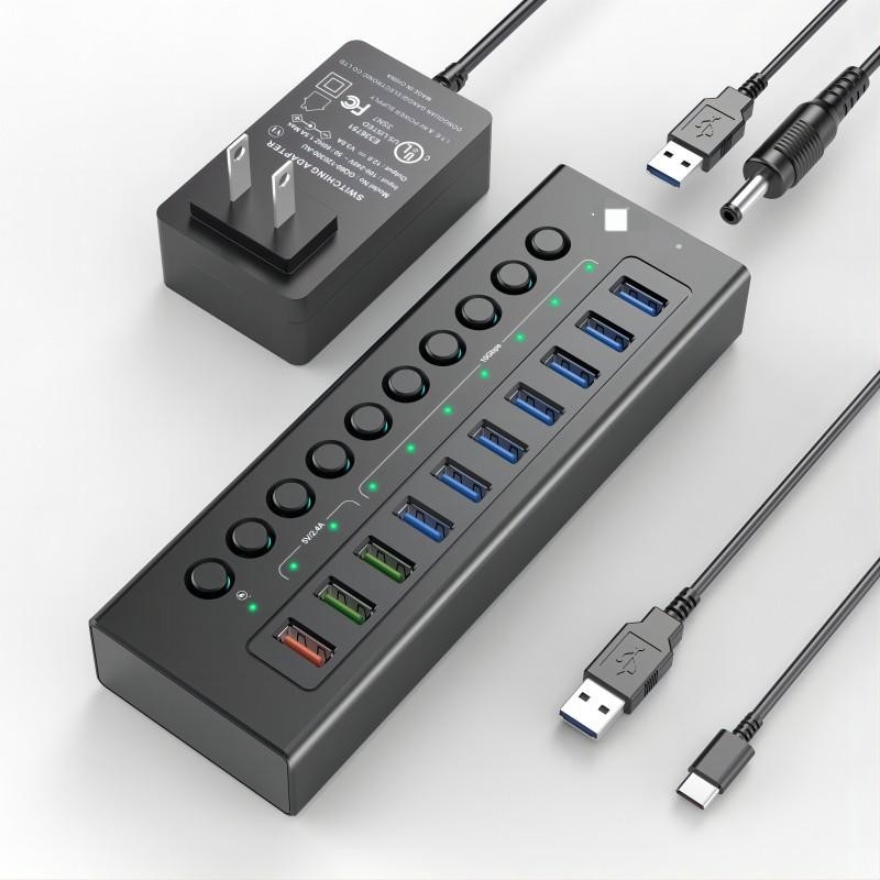 Puerto múltiple USB C 3.0 Estación de acoplamiento Splitter portátil Un puerto de carga inteligente con interruptores de encendido/apagado individuales