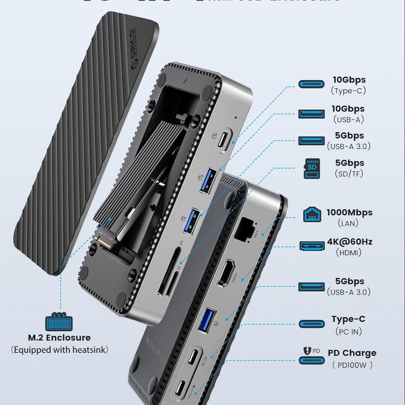 Carga rápida 16 en 1 Adaptador USB C para teléfono móvil portátil portátil 4K HDMI RJ45 PD