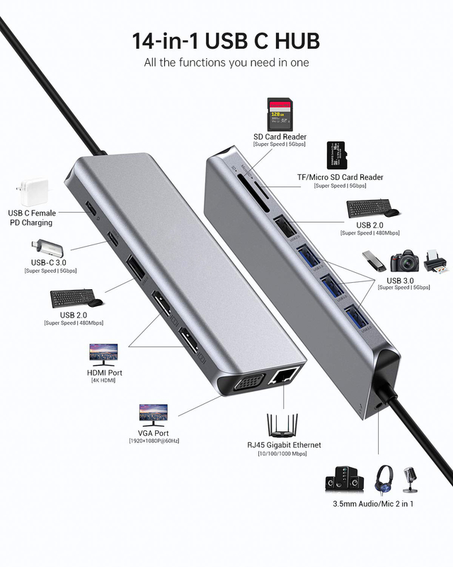 Extensión de USB 3.0 Hub Tipo A Cordón de datos masculino a femenino con USB C Hub de alimentación extra larga