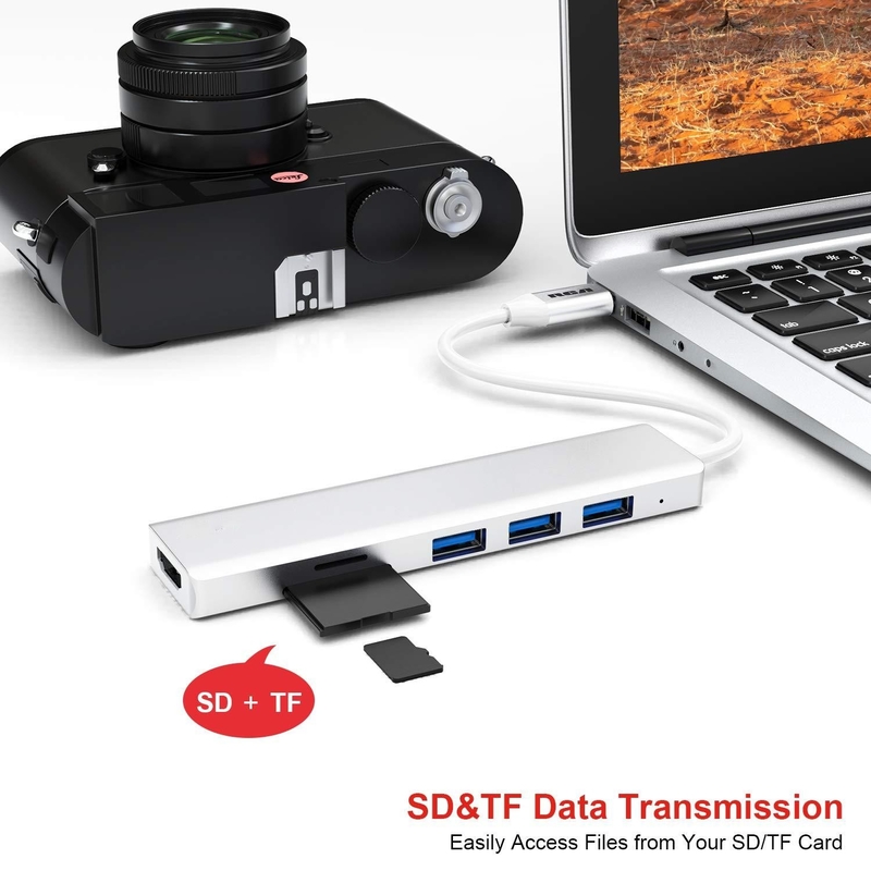 USB C 6 en 1 Adaptador multipuerto para HDMI Splitter USB-A 3.1 Puerto de datos tipo C Lector de tarjetas SD PD de 100W