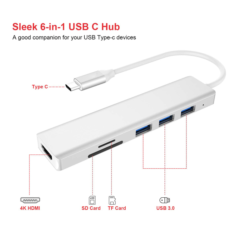 6 puertos Hub USB-C Splitter Usb-C Expander Adaptador USB portátil Hub de datos con varios puertos