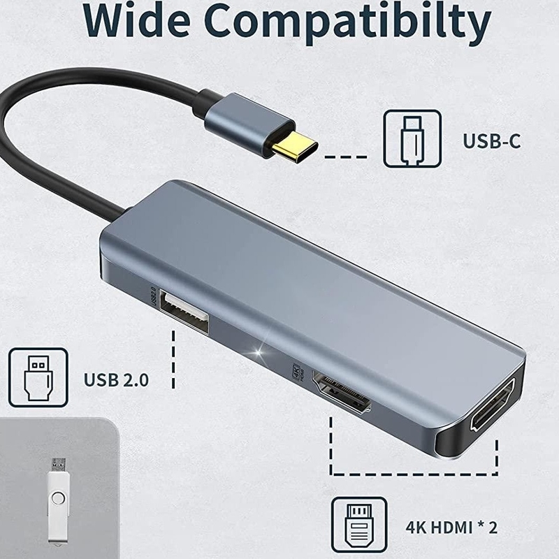 Dual HDMI USB C Dock Hub Aluminio Adaptador USB C Monitor 3 en 1 Dongle Con HDMI 4K