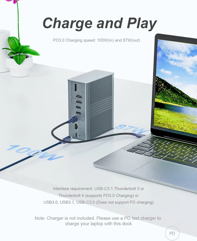 Estación de acoplamiento USB C de portátil Triple Monitor 16-en-1 USB C Dock con Displaylink