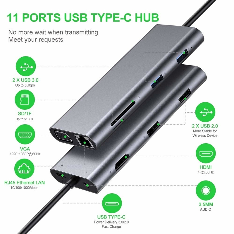 100 Watt Adaptador USB C 5 en 1 USB 3.0 Hub Tipo C HDMI 4K 30Hz 5Gbps 100W PD Carga rápida