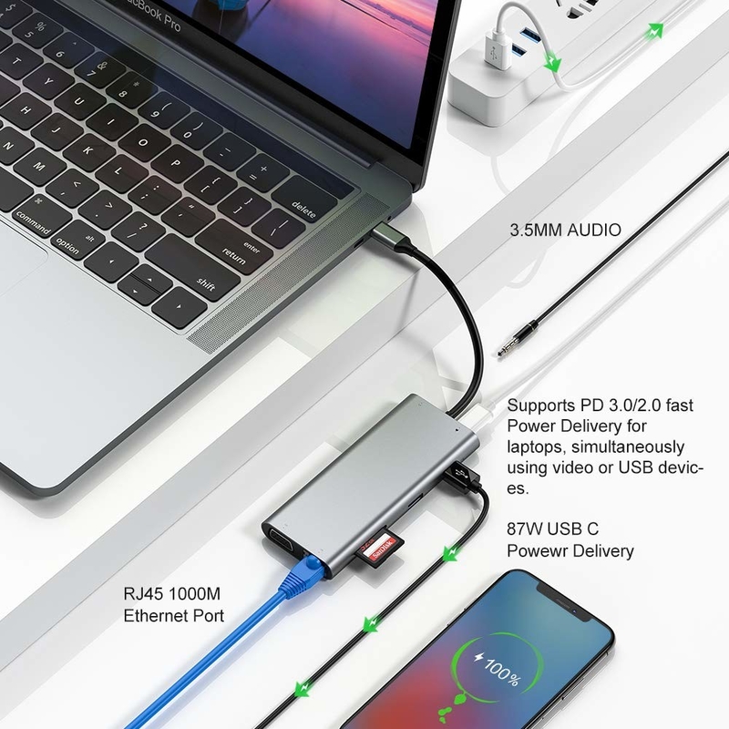 100 Watt Adaptador USB C 5 en 1 USB 3.0 Hub Tipo C HDMI 4K 30Hz 5Gbps 100W PD Carga rápida