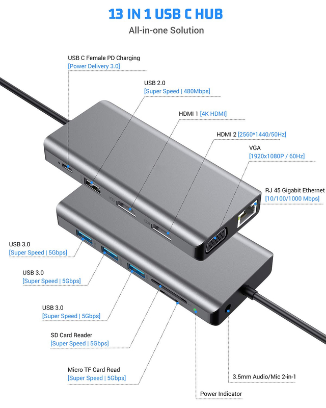 Usb C 11 en 1 Multiport Dock Tipo C Triple Usb 3.0 Tarjeta TF Tipo C portátil Usb-C