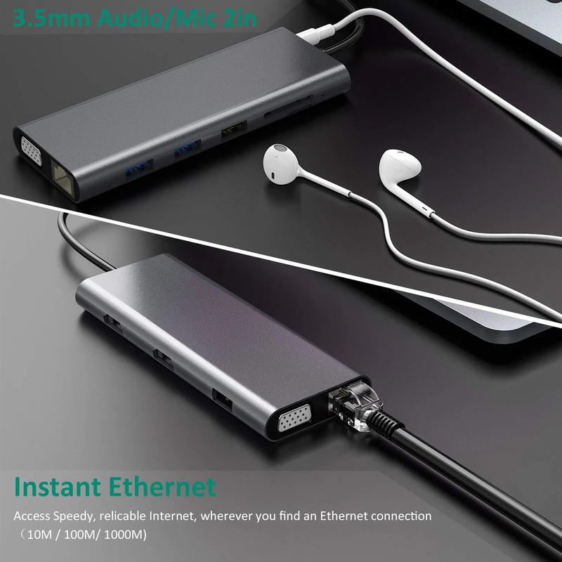 14 en 1 USB C Hub Docking Tipo C Hub USB Tipo C HDMI 2 Estación de acoplamiento de pantalla triple VGA 4K