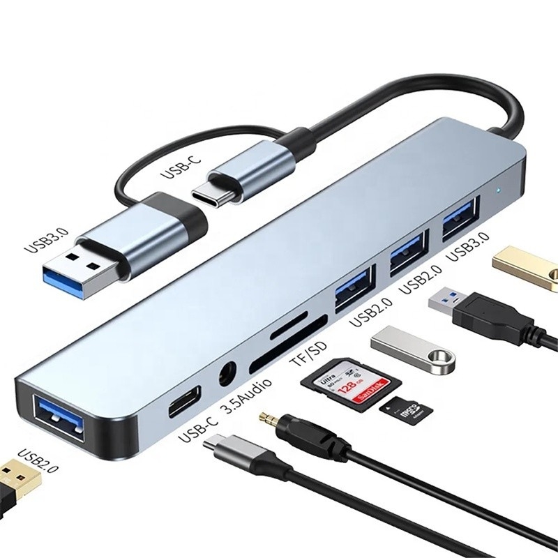 8-en-1 USB 3.0 Hub 3 * USB 2.0 3.5 mm Audio SD / TF Lector de tarjetas de salida para transferencia de datos y carga