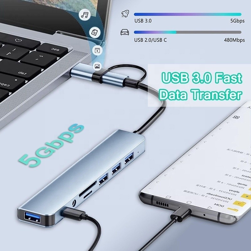 8-en-1 USB 3.0 Hub 3 * USB 2.0 3.5 mm Audio SD / TF Lector de tarjetas de salida para transferencia de datos y carga