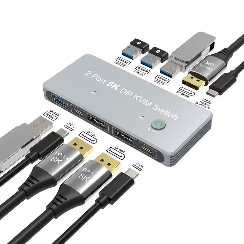 Puerto de visualización de 2 puertos y USB KVM Switch 4K 144Hz 8K 60Hz 1.4 con 1.4 DP Interfaz USB