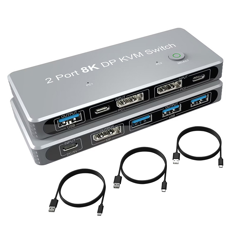 Puerto de visualización de 2 puertos y USB KVM Switch 4K 144Hz 8K 60Hz 1.4 con 1.4 DP Interfaz USB