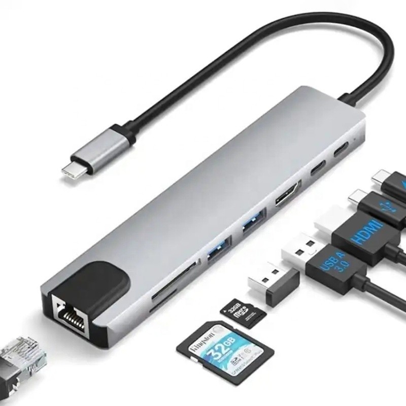 Adaptador multipuerto USB tipo C de 8 en 1 versátil para multitarea y transferencia de datos