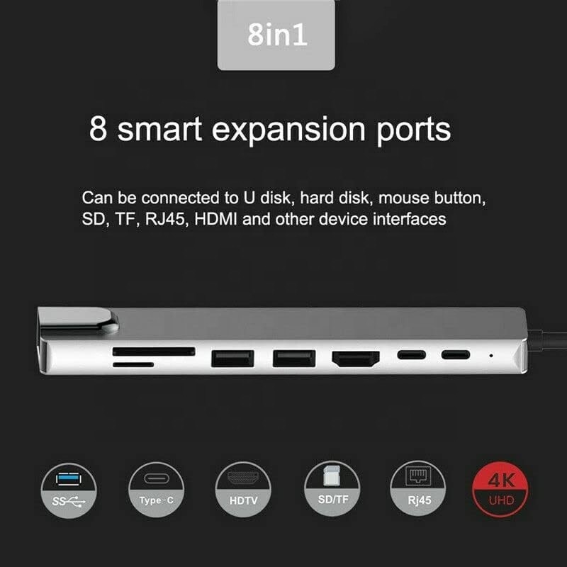 Adaptador multipuerto USB tipo C de 8 en 1 versátil para multitarea y transferencia de datos
