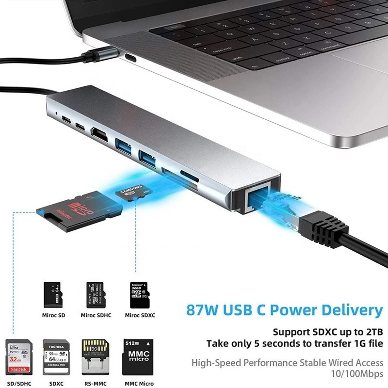 Adaptador multipuerto USB tipo C de 8 en 1 versátil para multitarea y transferencia de datos