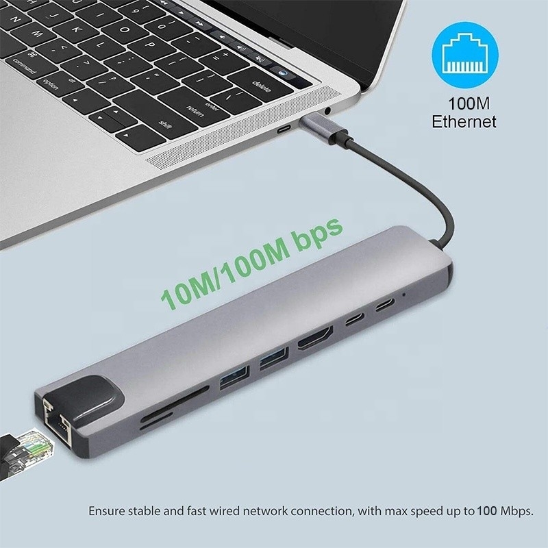 Adaptador multipuerto USB tipo C de 8 en 1 versátil para multitarea y transferencia de datos