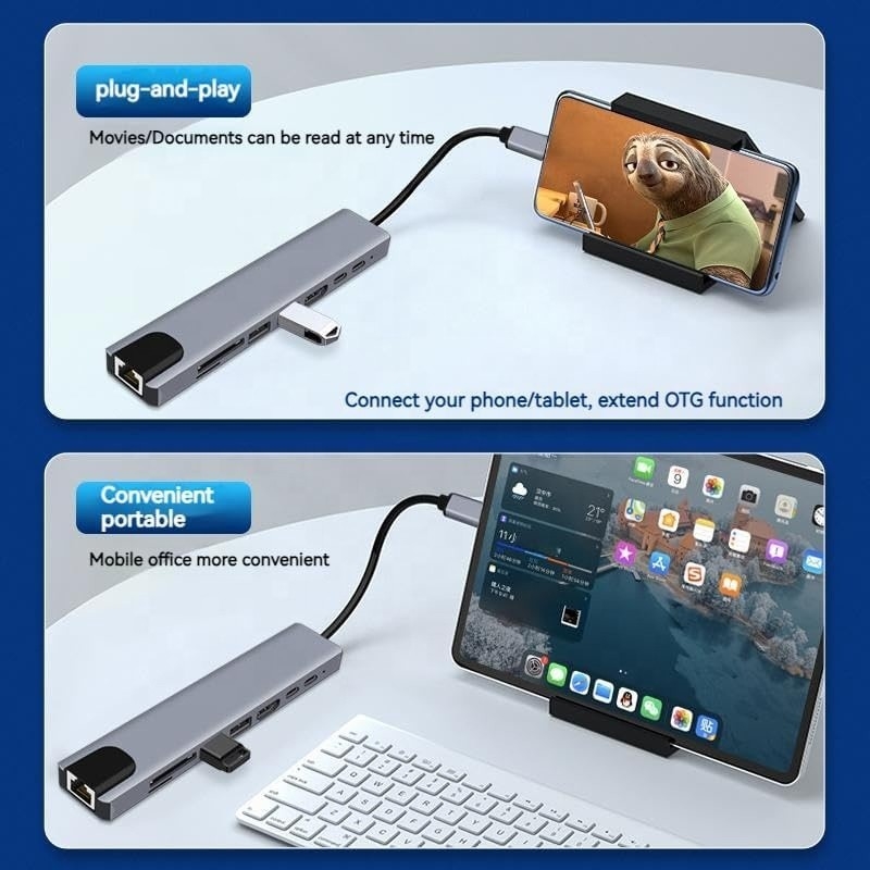 Adaptador multipuerto USB tipo C de 8 en 1 versátil para multitarea y transferencia de datos