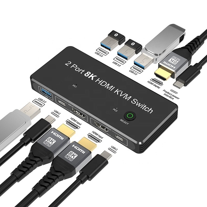 2 puertos HDMI 2.1 KVM Conmutador con USB 3.0 2 Entrada 1 Salida Indicadores LED Hombre-Hombre