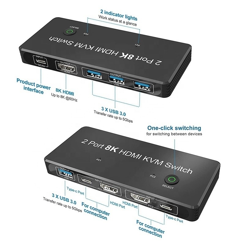 2 puertos HDMI 2.1 KVM Conmutador con USB 3.0 2 Entrada 1 Salida Indicadores LED Hombre-Hombre