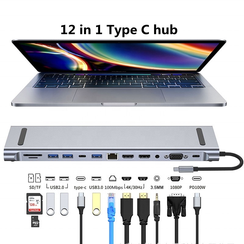 Estación de acoplamiento USB-C tipo C 12 en 1 para carga, transferencia de datos y función de altavoz