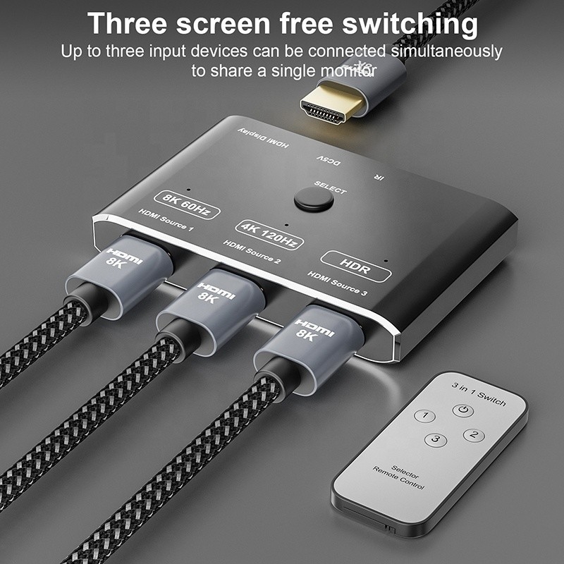 8K 120Hz HDR 3 puertos conmutador HDMI 3 en 1 convertidor remoto de conexión