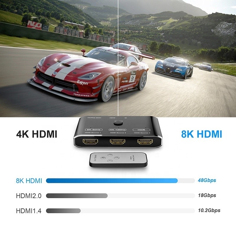 8K 120Hz HDR 3 puertos conmutador HDMI 3 en 1 convertidor remoto de conexión