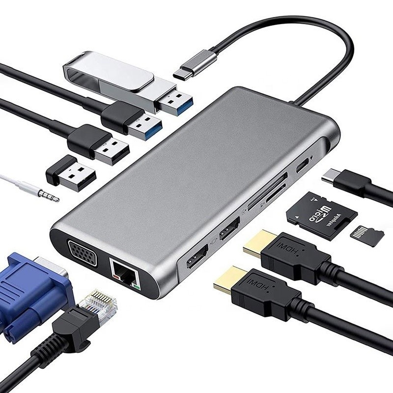 Estación de acoplamiento USB tipo C de 12 en 1 HDMI 1080P 60Hz 2*HDMI VGA RJ45 4*USB Audio SD/TF PD
