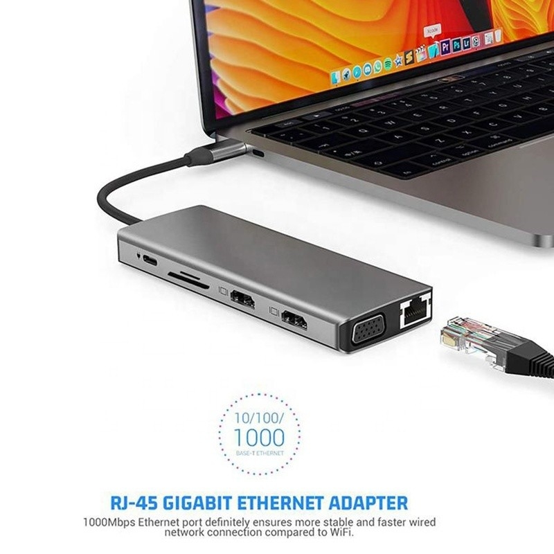 Estación de acoplamiento USB tipo C de 12 en 1 HDMI 1080P 60Hz 2*HDMI VGA RJ45 4*USB Audio SD/TF PD