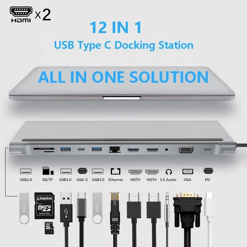 Conectividad mejorada 12 en 1 USB tipo C-C Hub Multiport Dock Station con doble HDMI