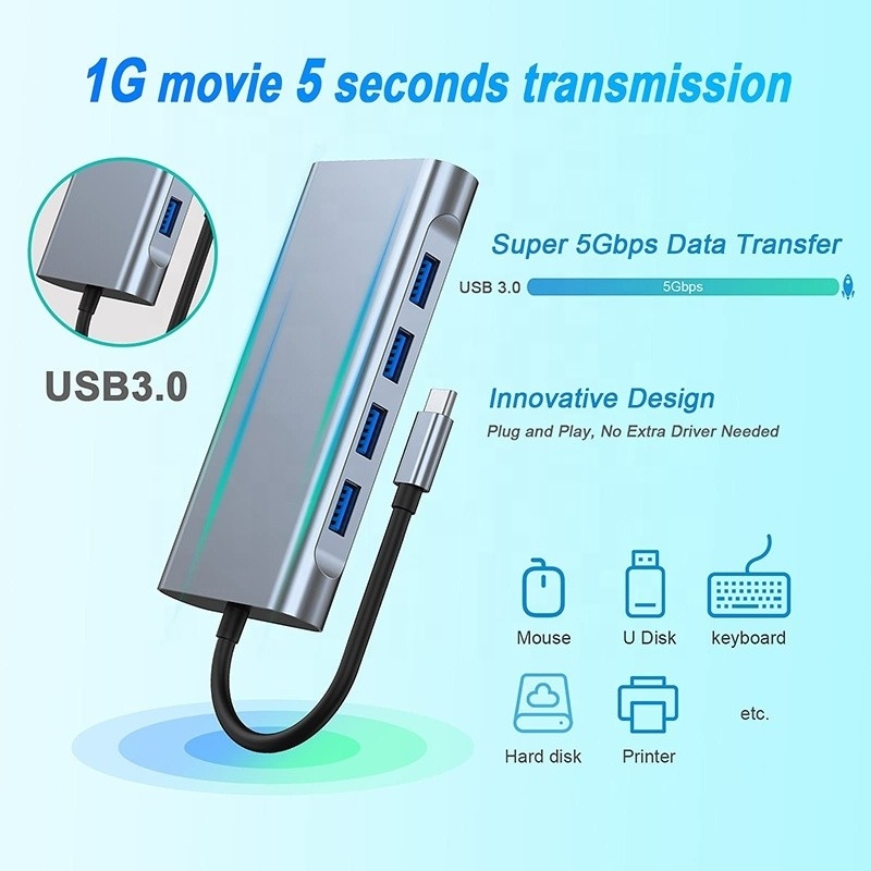 Dock de eje USB C multifunción con lector de tarjetas SD Gigabit RJ45 Ethernet TF HDMI VGA USB 3.0