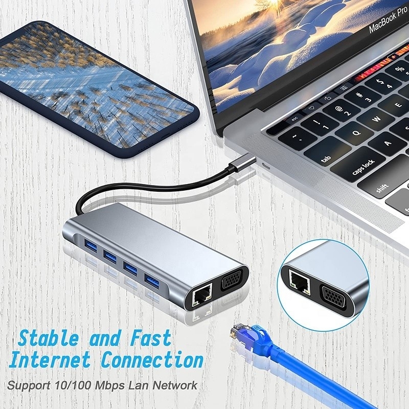 Dock de eje USB C multifunción con lector de tarjetas SD Gigabit RJ45 Ethernet TF HDMI VGA USB 3.0