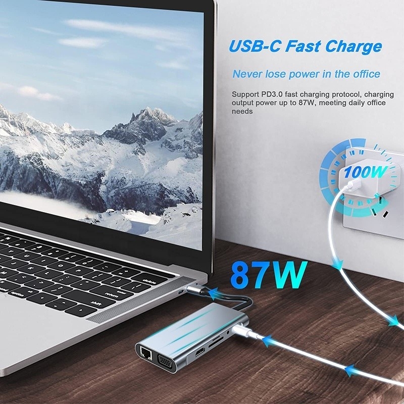Dock de eje USB C multifunción con lector de tarjetas SD Gigabit RJ45 Ethernet TF HDMI VGA USB 3.0
