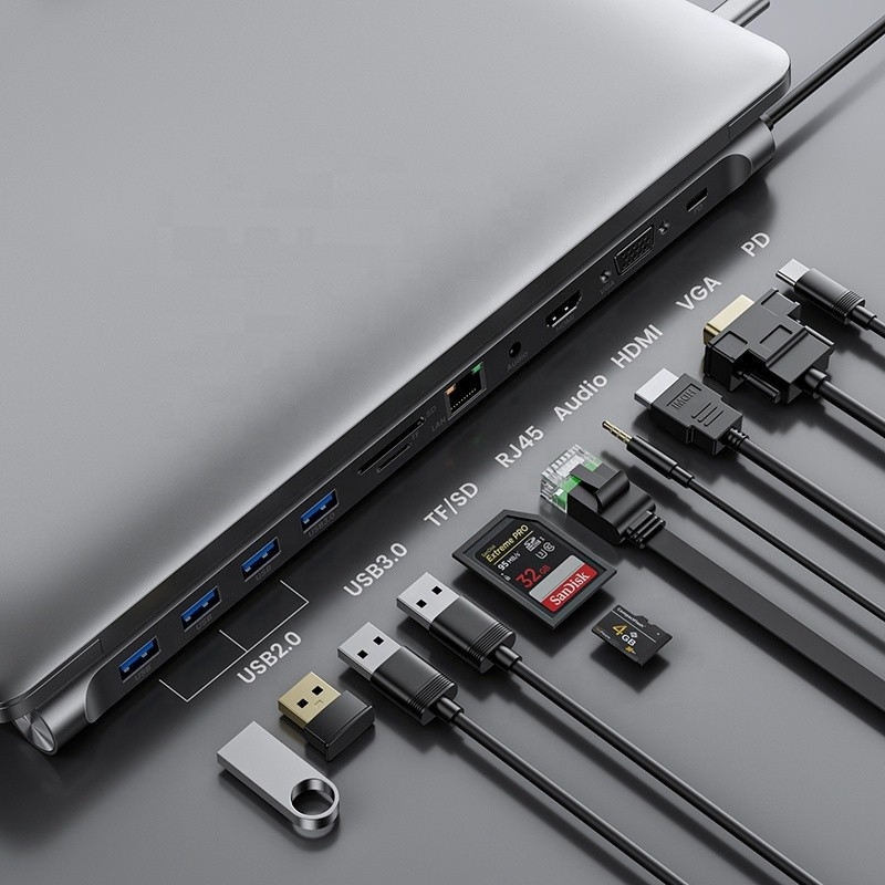 Adaptador multifuncional de USB tipo C de 11 en 1 para computadoras portátiles y teléfonos móviles