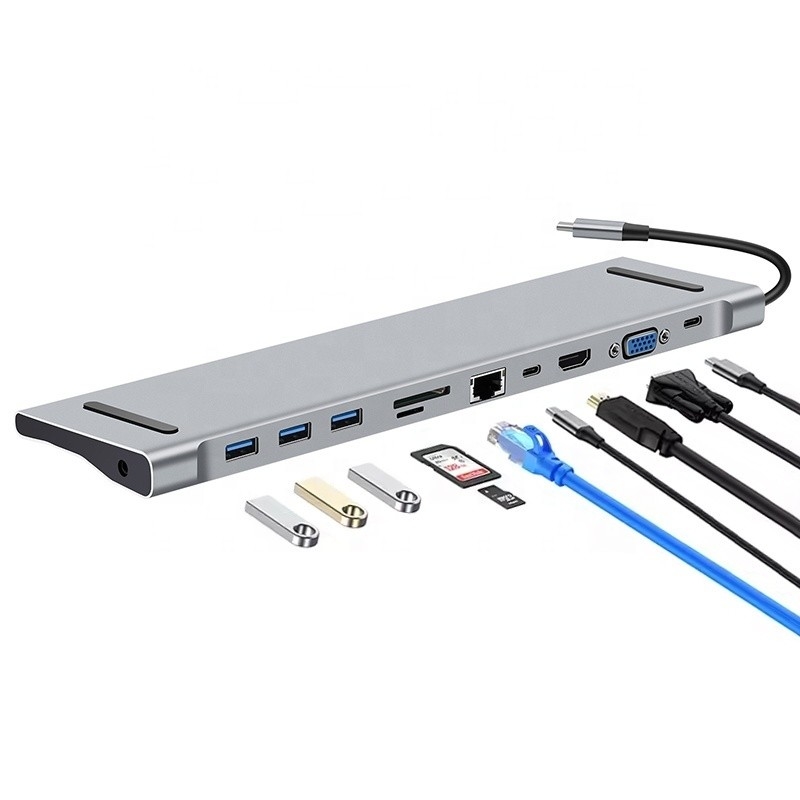 Estación de acoplamiento USB tipo C de 11 en 1 con VGA Ethernet 3.5 mm Audio TF / SD Card Reader