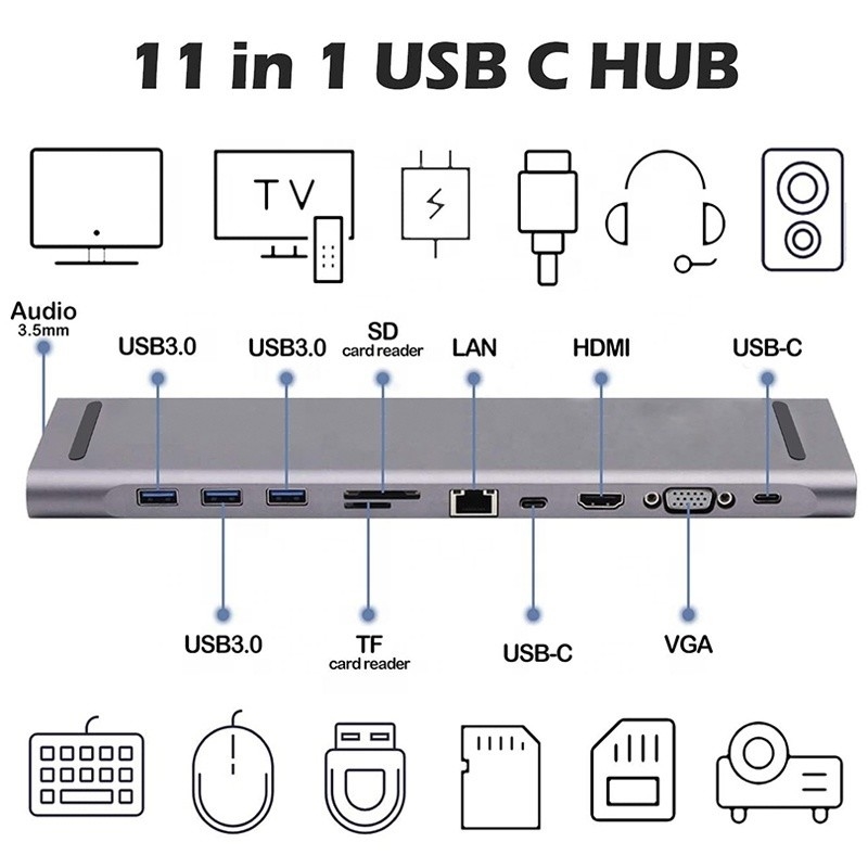 Estación de acoplamiento USB tipo C de 11 en 1 con VGA Ethernet 3.5 mm Audio TF / SD Card Reader