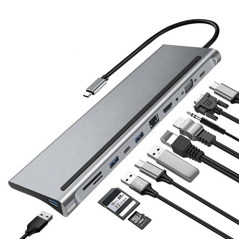 11 en 1 Multiport USB C USB-C Tipo-C PD 4K Adaptador de Hub HDTV Estación de atraque con RJ45