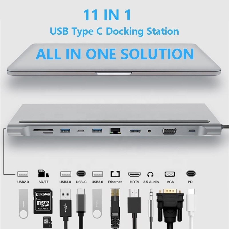 11 en 1 Multiport USB C USB-C Tipo-C PD 4K Adaptador de Hub HDTV Estación de atraque con RJ45