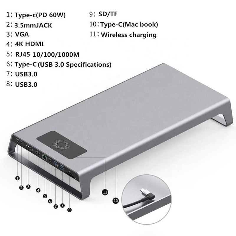 Tipo-C Hombre 11 en 1 Hub Adaptador de estación de acoplamiento de computadora portátil con 1000Mbps RJ45 y USB-C PD