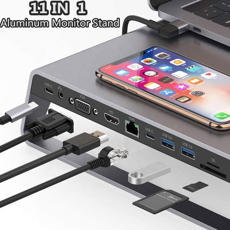 Tipo-C Hombre 11 en 1 Hub Adaptador de estación de acoplamiento de computadora portátil con 1000Mbps RJ45 y USB-C PD