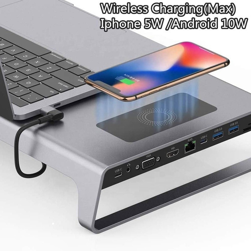 Tipo-C Hombre 11 en 1 Hub Adaptador de estación de acoplamiento de computadora portátil con 1000Mbps RJ45 y USB-C PD