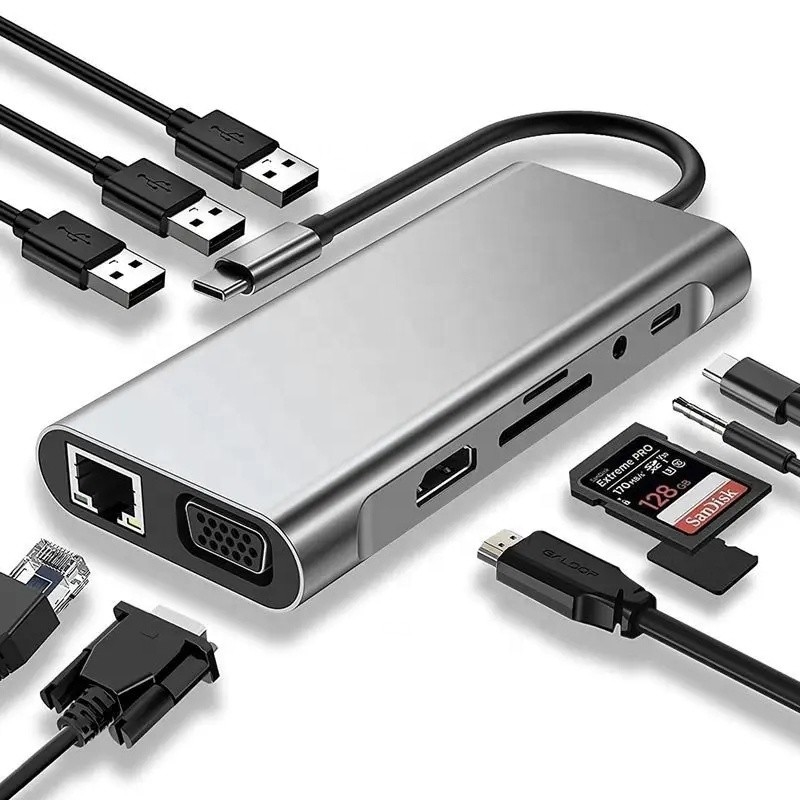 USB C Hub Tipo-C a USB 3.0 HDMI VGA RJ45 Lan SD TF Audio Adaptador de puertos múltiples USB gris