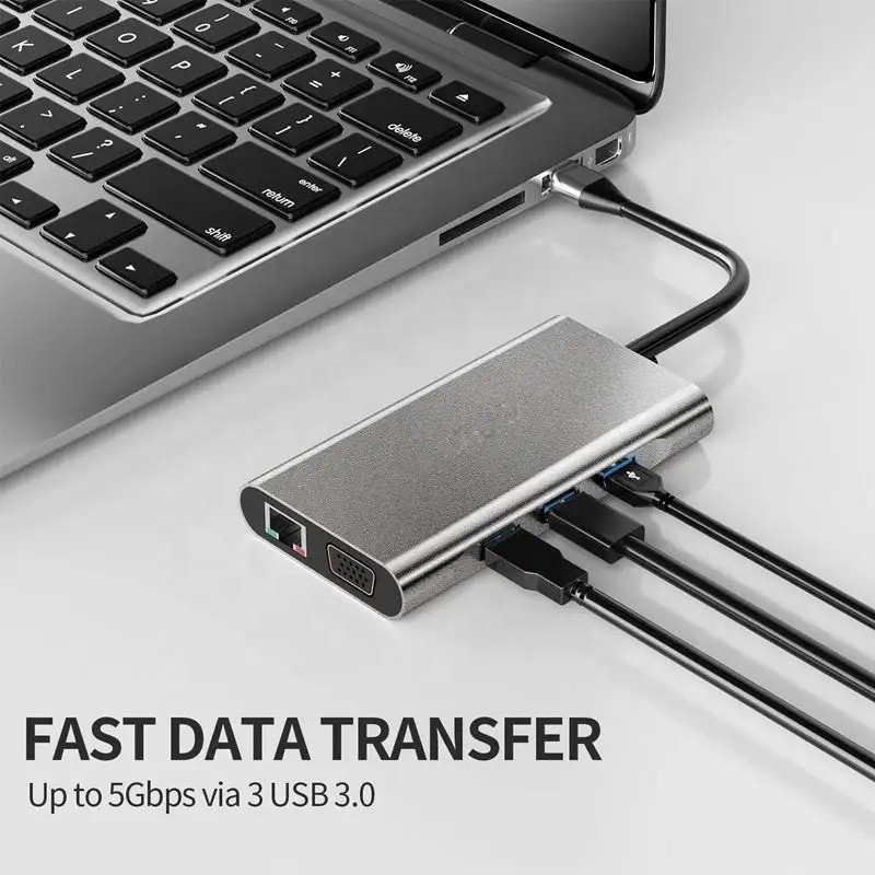 USB C Hub Tipo-C a USB 3.0 HDMI VGA RJ45 Lan SD TF Audio Adaptador de puertos múltiples USB gris