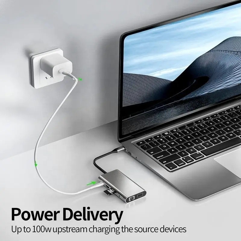USB C Hub Tipo-C a USB 3.0 HDMI VGA RJ45 Lan SD TF Audio Adaptador de puertos múltiples USB gris